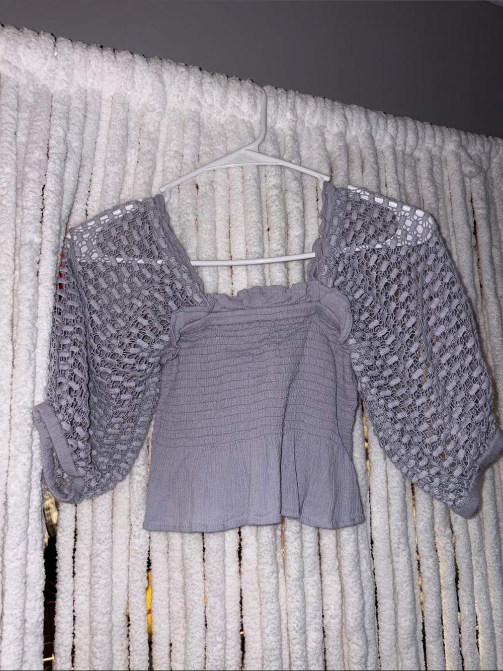 Surf Gypsy Light Purple Crochet Puff Sleeve Crop Top
